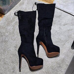 Only Maker Black Suede Round Toe Platform Over The Knee Boots Brand New Size 8